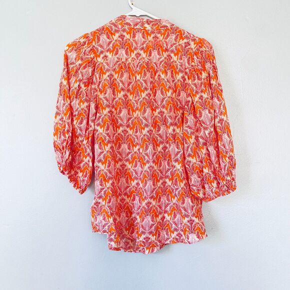 Anthropologie Maeve Top Size 2 Orange Pink Tiger Print Button Up 3/4 Sleeve Boho - Picture 4 of 10